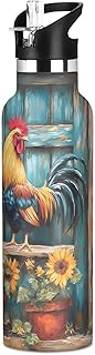 Rooster Sunflowers Wooden Door 20 oz Insulated Stainless Steel Water Bottle for Sports Reusable Leakproof Tumbler with Straw BPA Free Camping Canteen for Travel Biking Hiking Gym
