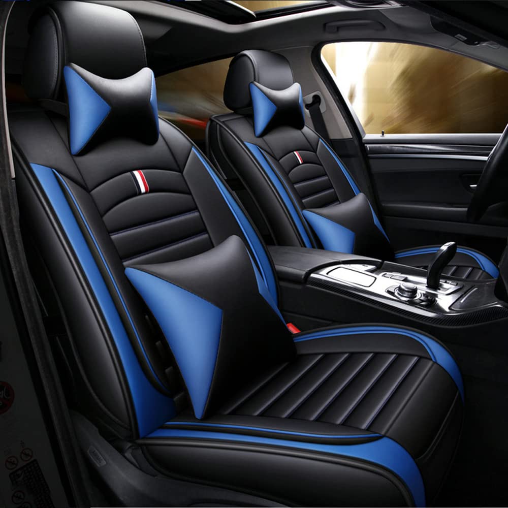 Awotzon Car Seat Cover Universal Fit For Most Cars, SUV, Sedans and Pick-up Trucks, 5 Seats All Weather Use Vehicle Leather Seat Cover, Deluxe MH84 Black Blue