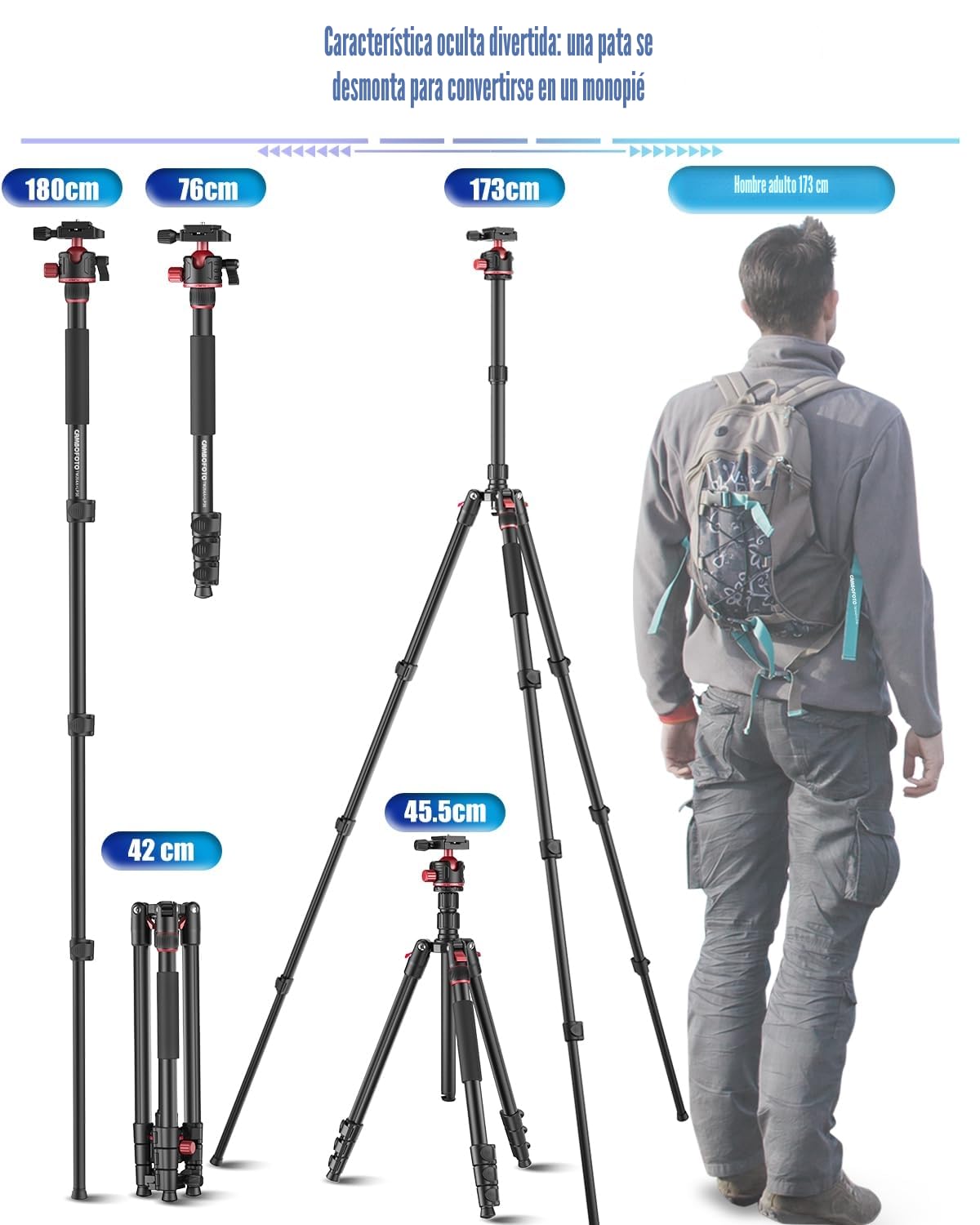 CAMBOFOTO Trípode para Cámara y Móvil 173 cm con Monopié y Rótula 360 | Trípode profesional con clip para tablet, carga 6 kg, placa rápida 1/4, bolsa de transporte incluida, ideal viaje y vídeo