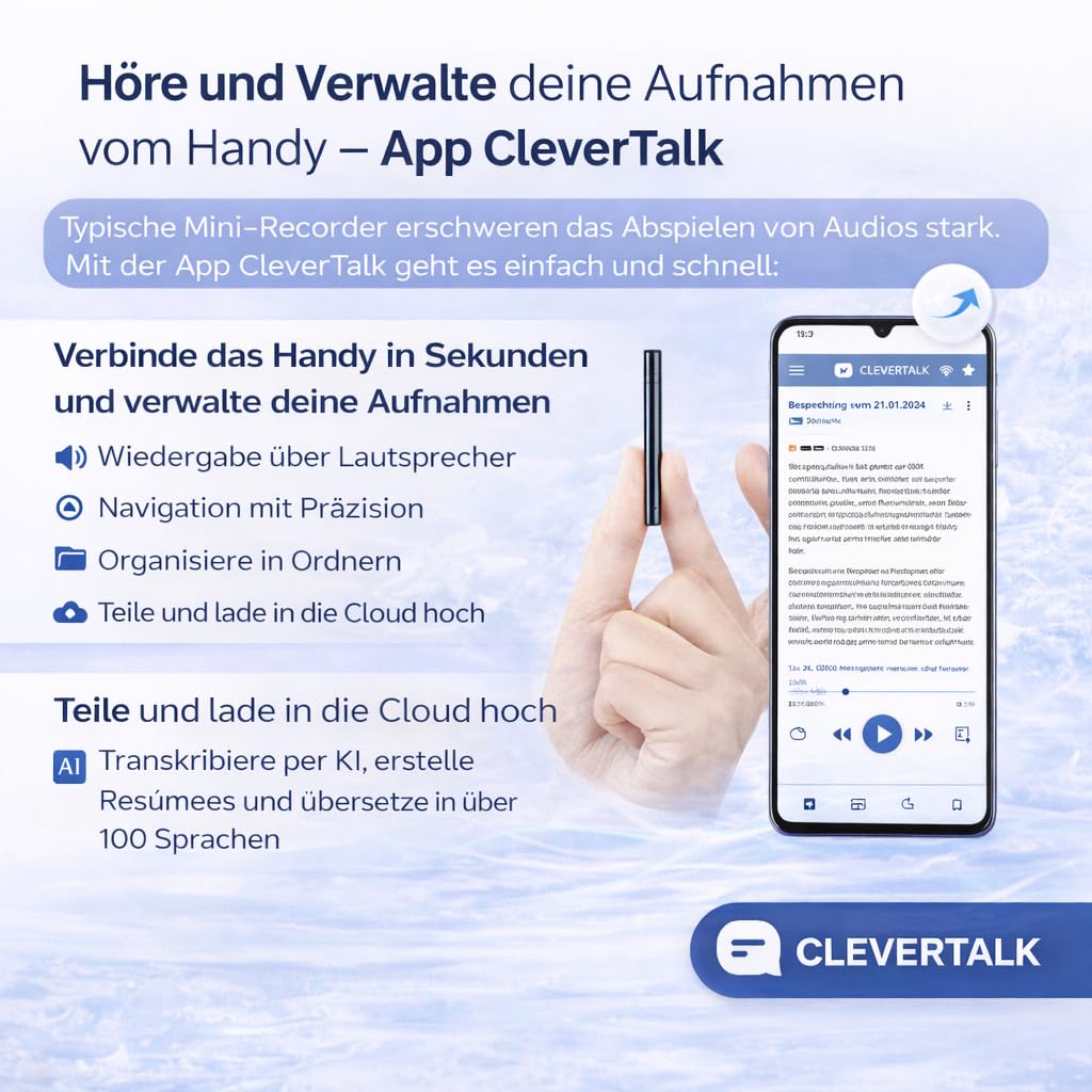 CleverTalk Q1 KI-Sprachrekorder | Sprachaktiviert | Mobile App, Mac, Windows und Web | Europäische Cloud DSGVO | 64GB | HD-Audio 1536kbps | USB-C