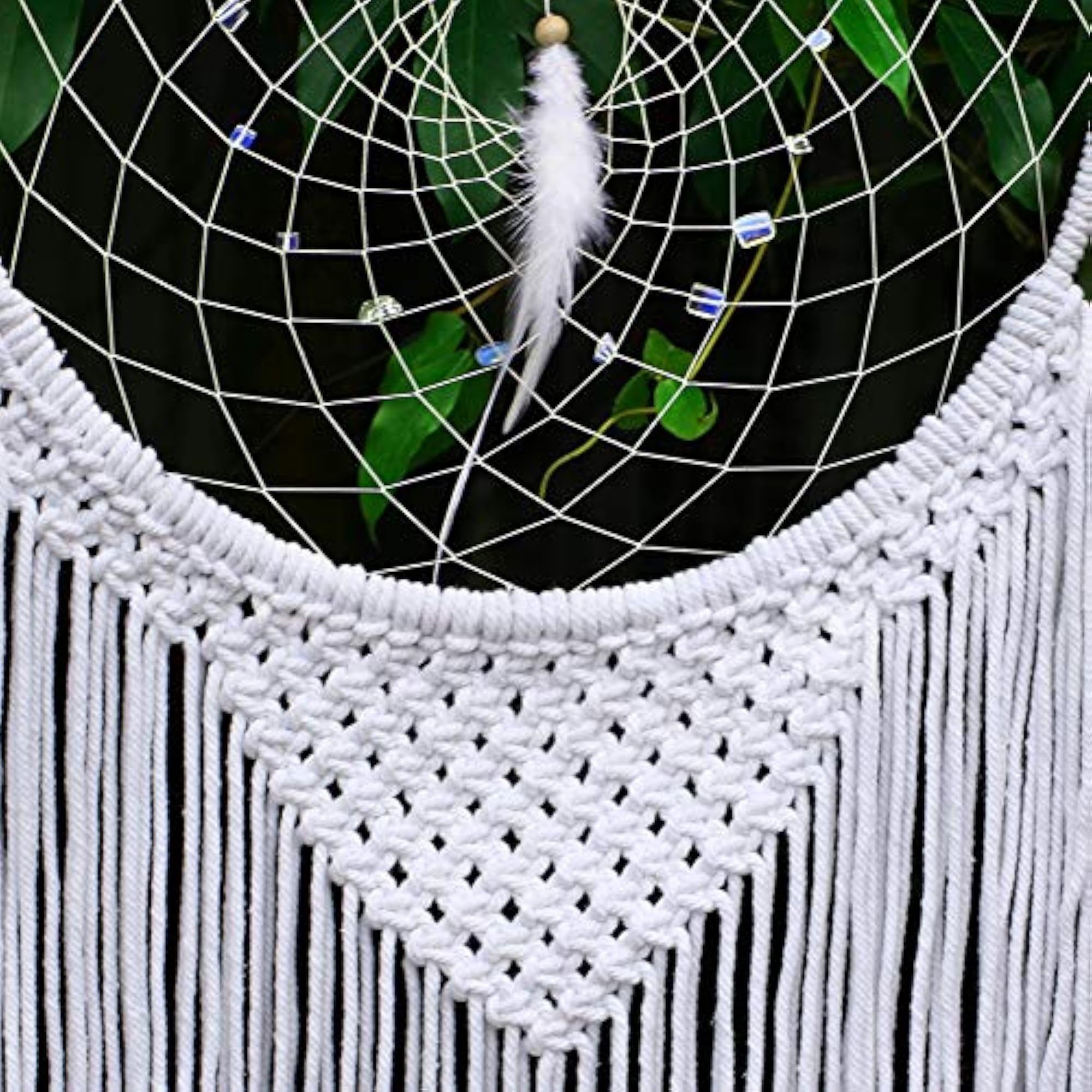 Large Boho Dream Catcher with White Feather, Macrame Decor