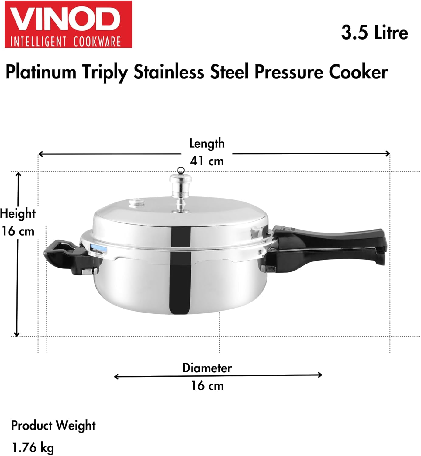 Vinod Platinum Triply Stainless Steel Pressure Cooker Junior - 3.5 Litre | SAS Bottom Pan Cooker | Induction and Gas Base Cooker | ISI and CE certified