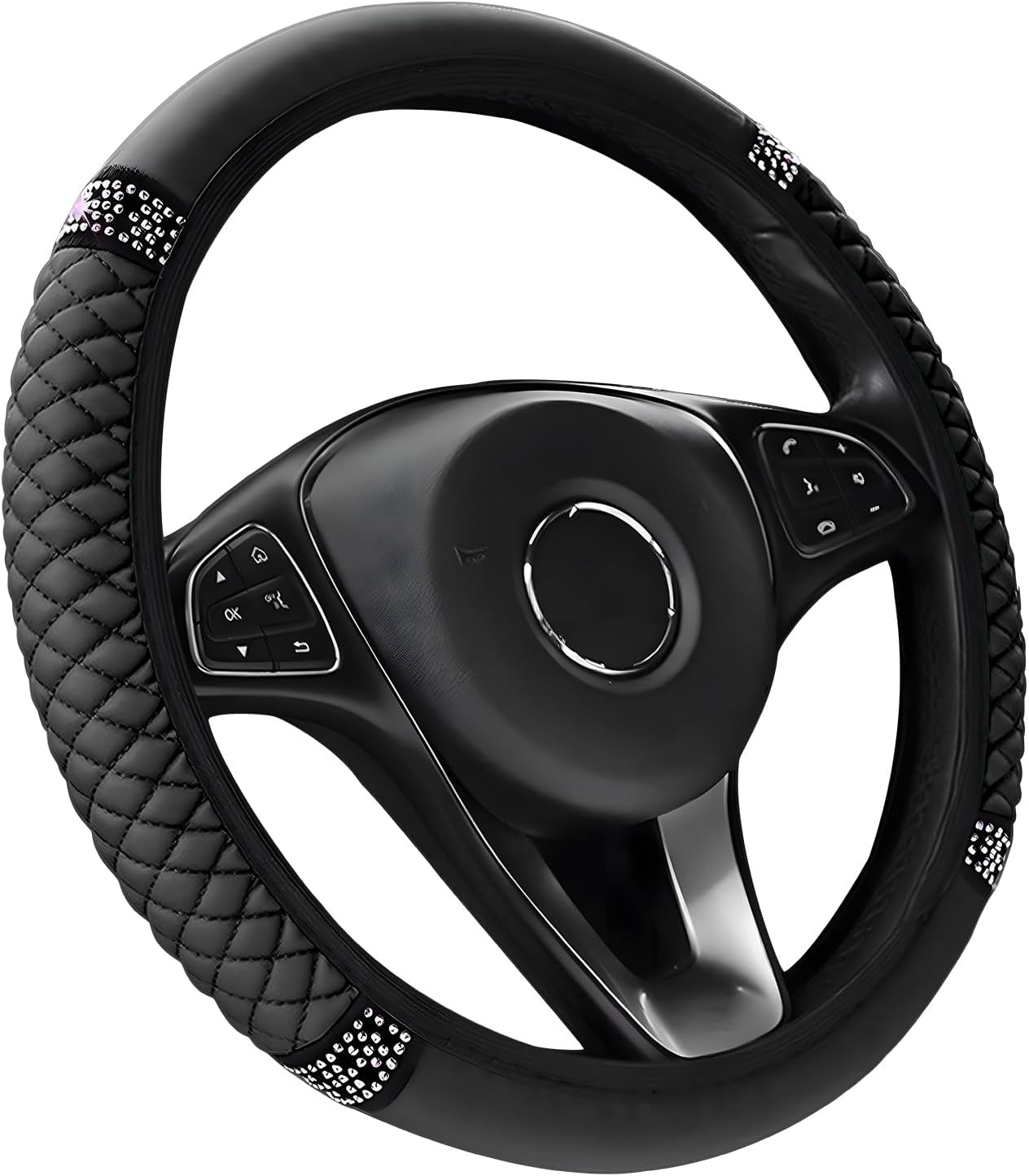 Sun Walker Bling Car Steering Wheel Cover, 15 Inch Leather Steering Wheel Protector with Sparkly Rhinestones, Anti-Slip Crystal Wheel Warp Auto Interior Decoration for Women Girls (Black)