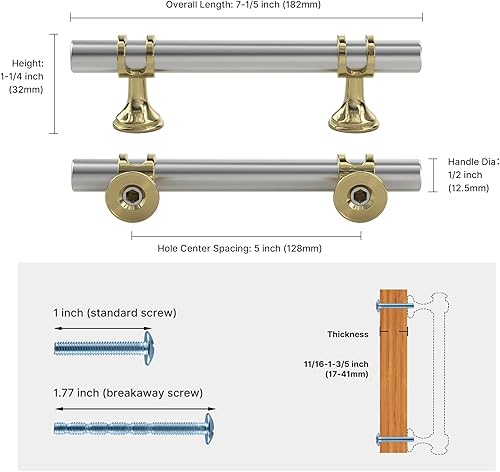 Miniatura 9 de Haliwu Paquete de 10 tiradores de gabinete de níquel cepillado, manijas de gabinete de níquel cepillado, manijas de gabinete de barril doradas,