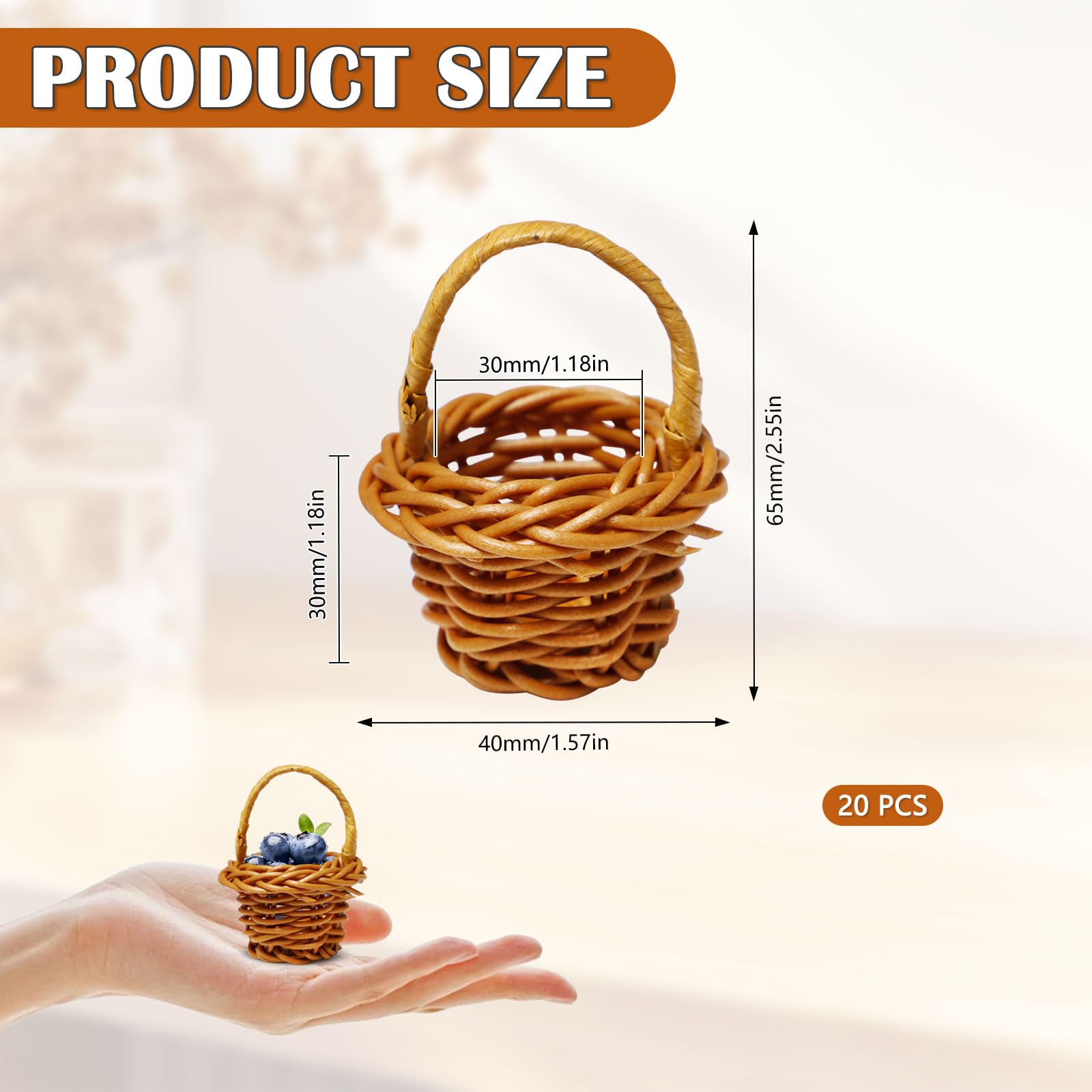 20 Stück Mini Geflochten Korb Miniatur Rattan Korb mit Henkel Klein Weidenkorb Körbchen aus Kunststoff für Party-Dekoration Hochzeit Tischdeko