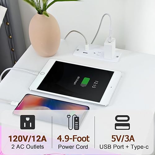 Miniatura 5 de LOAKEKEL Juego de 2 mesitas de noche blancas con estación de carga, mesas auxiliares con 3 cajones de tela, mesita de noche con puerto USB tipo C y