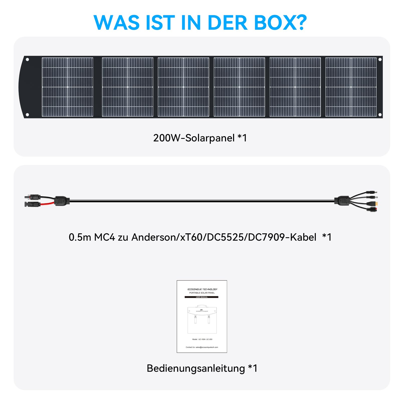 Ecosonique składany panel słoneczny 200 W, monokrystaliczny moduł solarny z USB-C 65 W PD3.0, USB-A QC3.0, szybkie ładowanie, wyjścia MC4, regulowany stojak do stacji zasilania, kamperów i na zewnątrz
