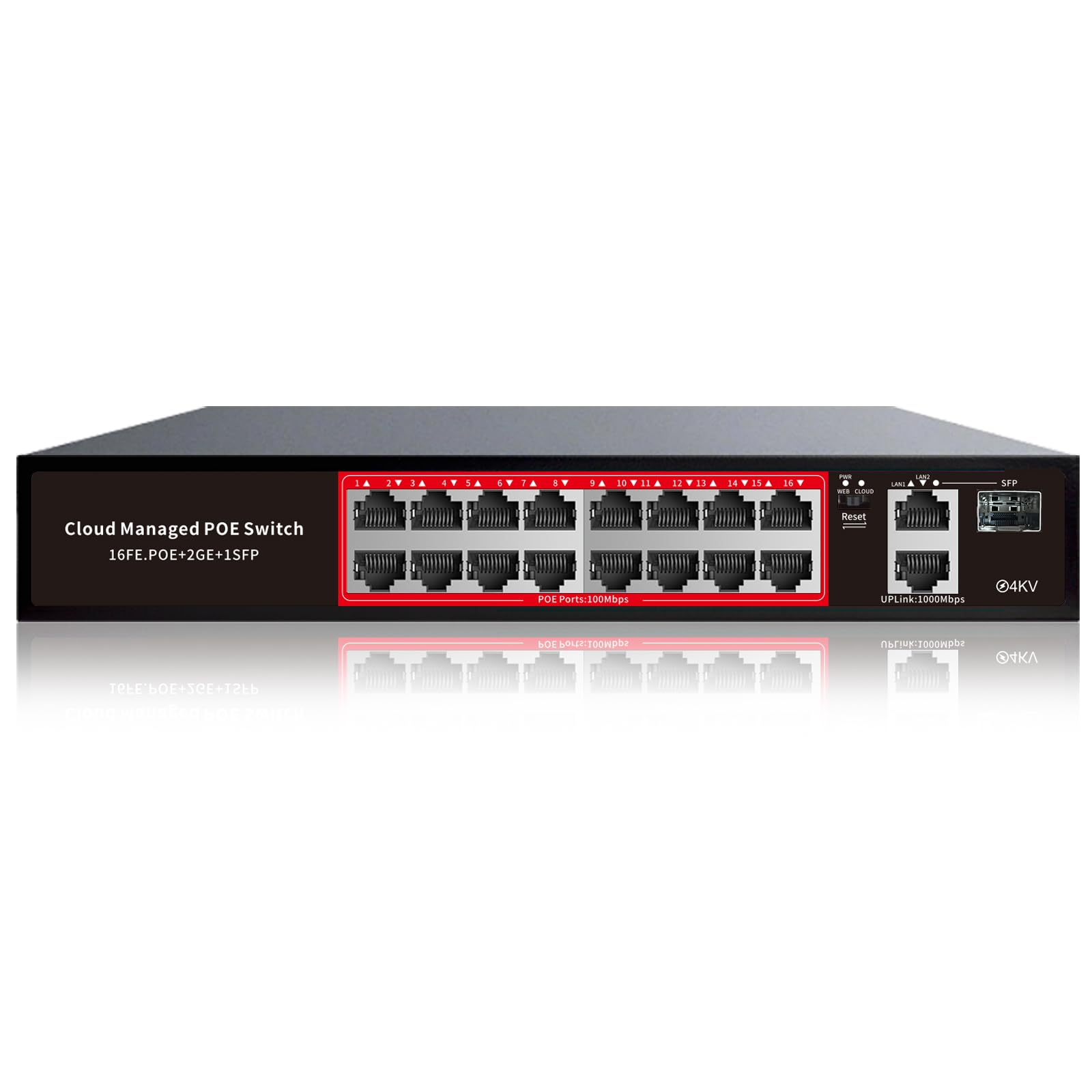 PoE Switch, 16 Port Managed POE+ Ethernet Switch(16 POE+ Ports+2 Gigabit Uplink,1 x 1.25G SFP), 240W Built-in Power, Support VLAN, QoS, Fanless Metal, Plug & Play(Wall Mount/Rack Mount)