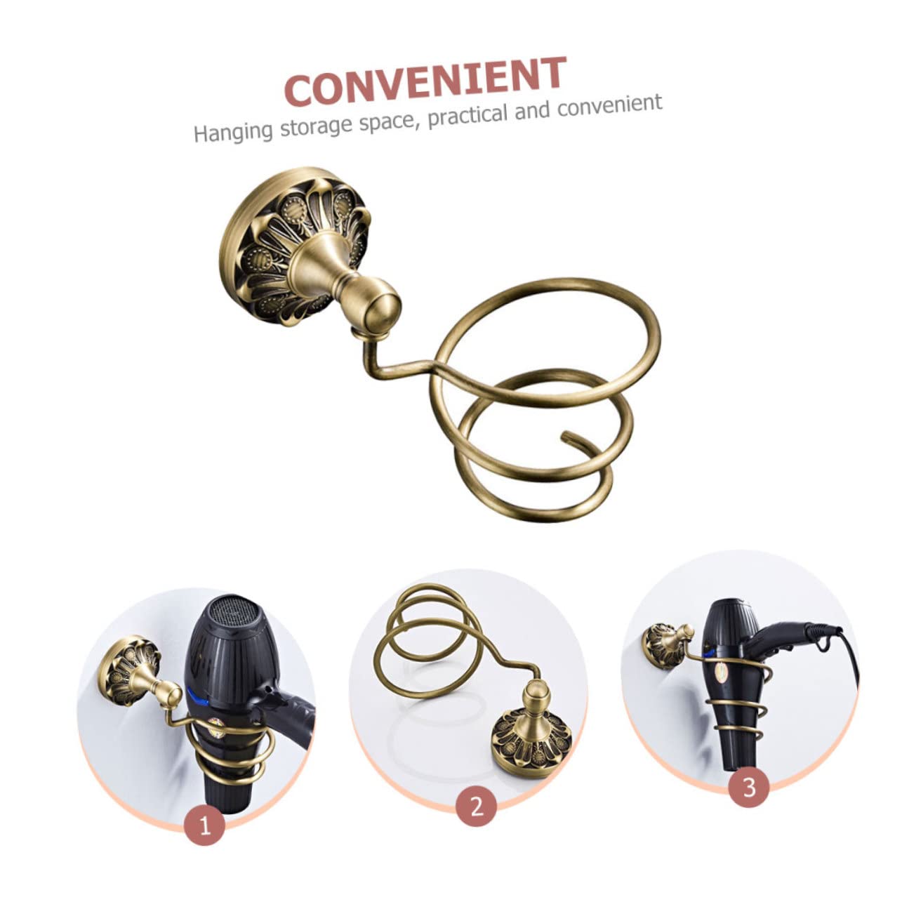 Supporto a Spirale per Asciugacapelli in Rame Oro da Parete | Foratura di Fissaggio 6mm, Adatto al Bagno, Finitura Semplice Contemporanea