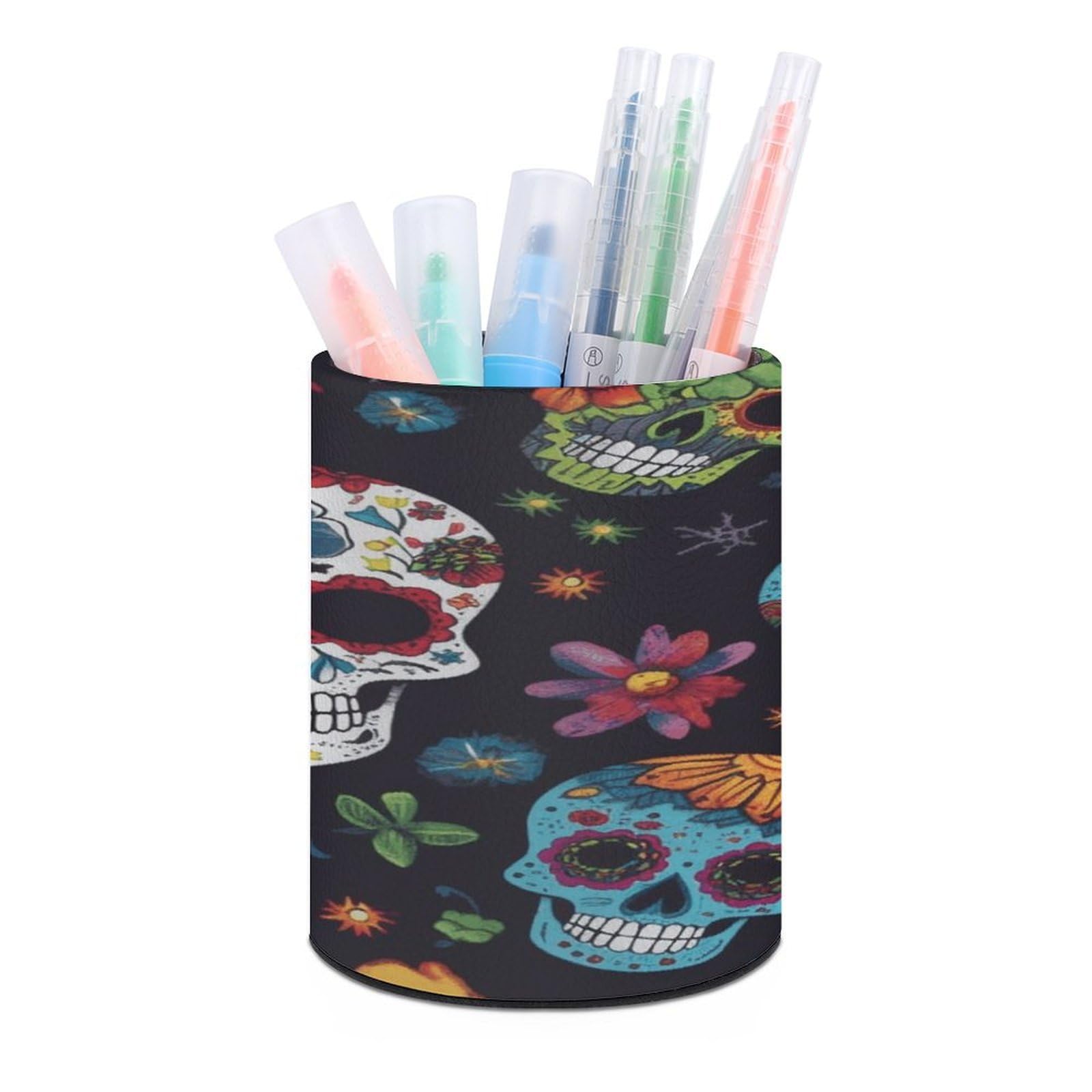 VstaDank Flower Cactus Sugar Skull Pen Holder PU Leather Pencil Cup Minimalist Desk Pencil Holder Round Make Up Brush Organizers For Office Dorm Room&Vanity Desk Accessories