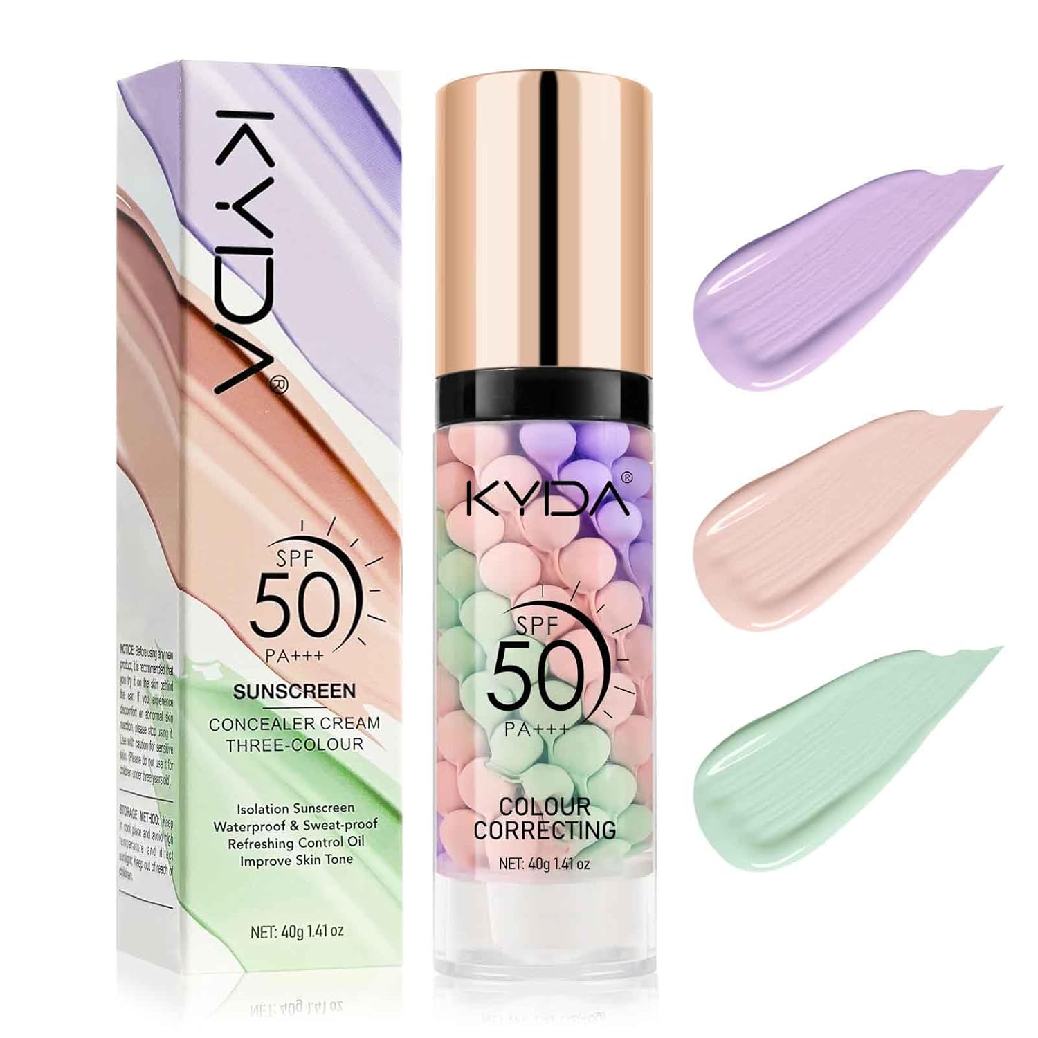 KYDA Color Correcting Facial Serum, SPF 50 PA+++, Moisturizing Makeup Primer, One Step Brightening Primer to Even Skin Tone, Oil Control Skin Corrector, Sheer Finish, Refreshing, Purple Pink Green