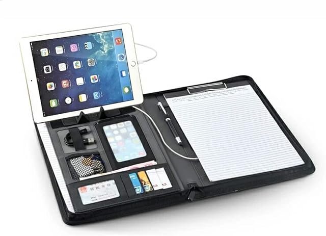 A4 PU Leather Conference Folder Portfolio Document Holder with Zipper with 5000mAh Power Bank Clipboard Padfolio Document Storage Legal Pad Writing, Organizer Business Interview Folder (Blue)