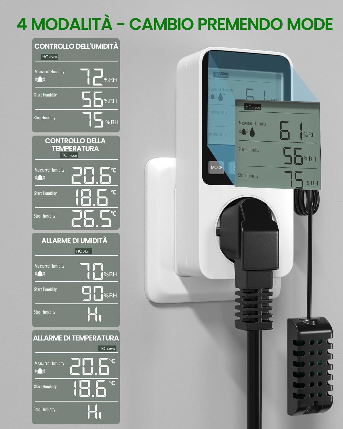 Regolatore di Umidità/Temperatura, Presa con Misuratore di Umidità 230V 16A con Sensore Termoregolatore Digitale con Allarme LCD Display per Rettili,Serra, Acquario, Fungo Riscaldante