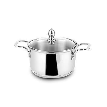 Steelcraft Premium Stainless Steel Raven Casserole (Gas Stove and Induction Friendly) - Silver, Cook and Serve Set of 1 pc Casserole (16cm, 1300ml) with Glass Lids,for Multipurpose Cooking, Silver