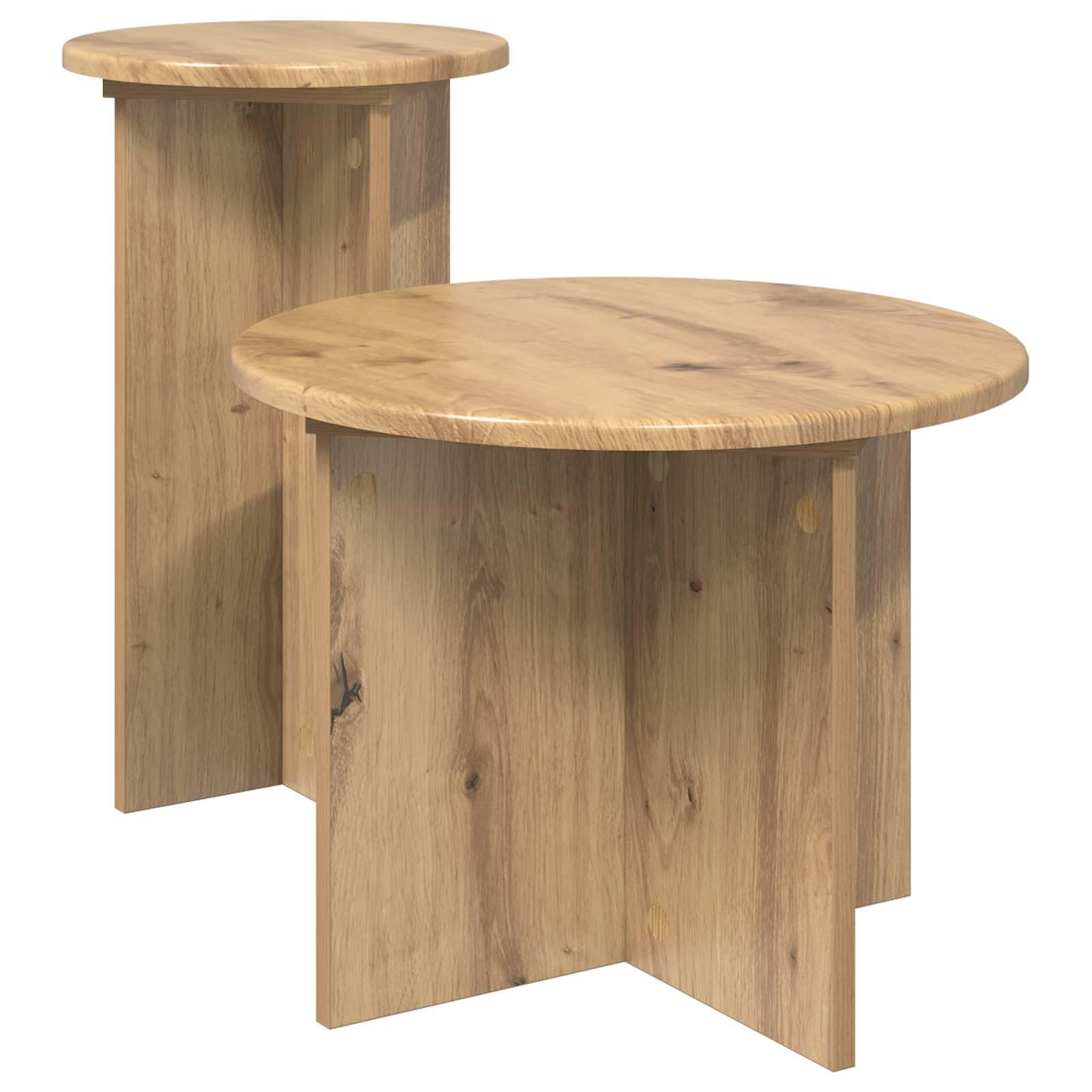 Juego de 2 mesas auxiliares de madera de roble Artisan, diámetro 45 x 35 cm y diámetro de 29,5 x 49 cm, mesa de centro moderna para salón dormitorio con estante para lámpara de libro