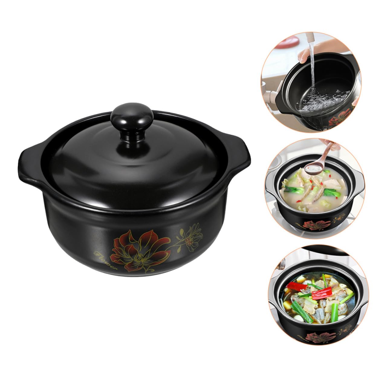 ULTECHNOVO Olla de Cerámica para Guisar Comida Tapa, Capacidad 1600ml, Ahorro de Energía y Doble Asa, Apta para Cocina Doméstica y Gas