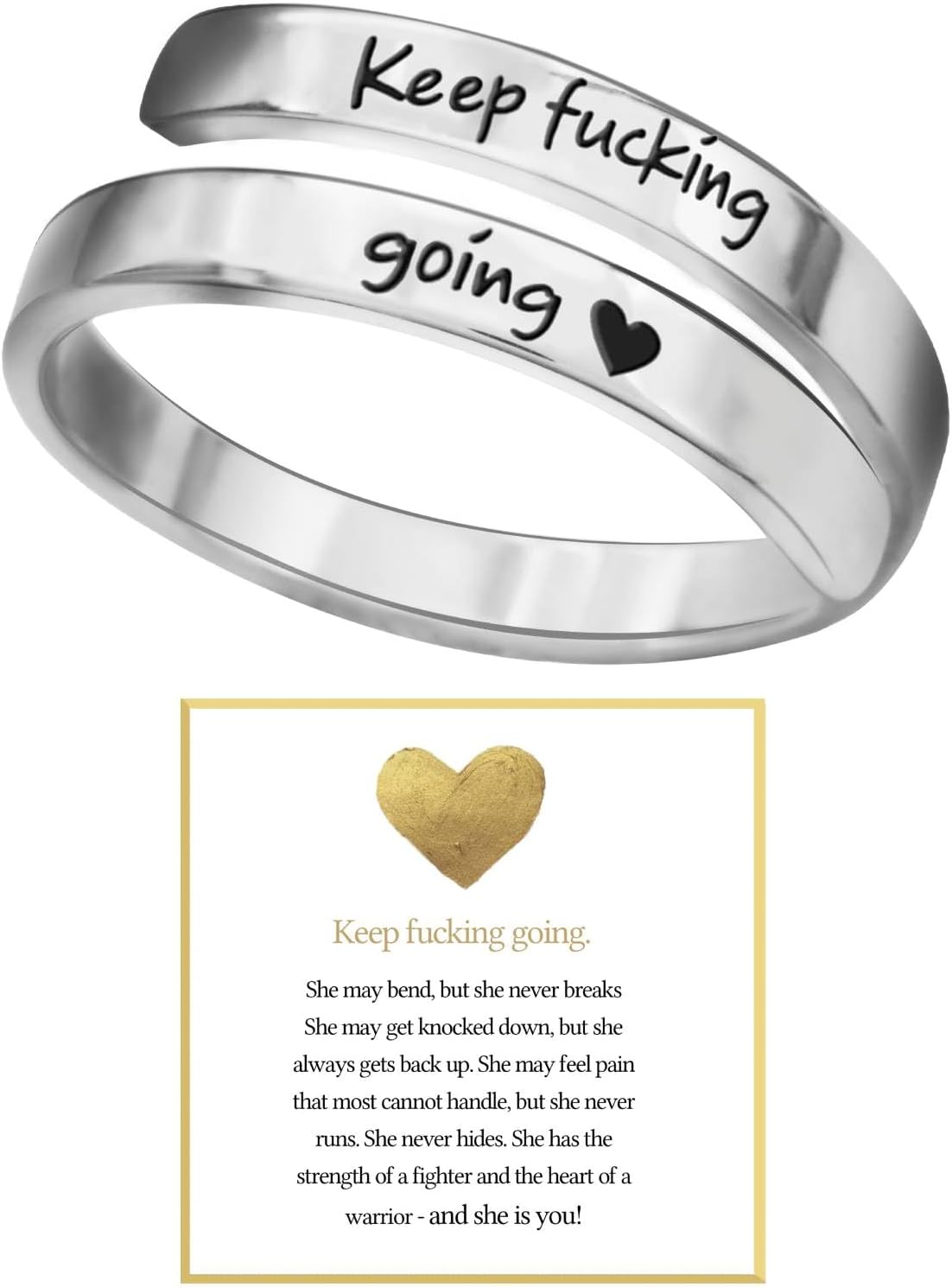 Bopiu Keep Fxxking Going Ring for Women, Stainless Steel