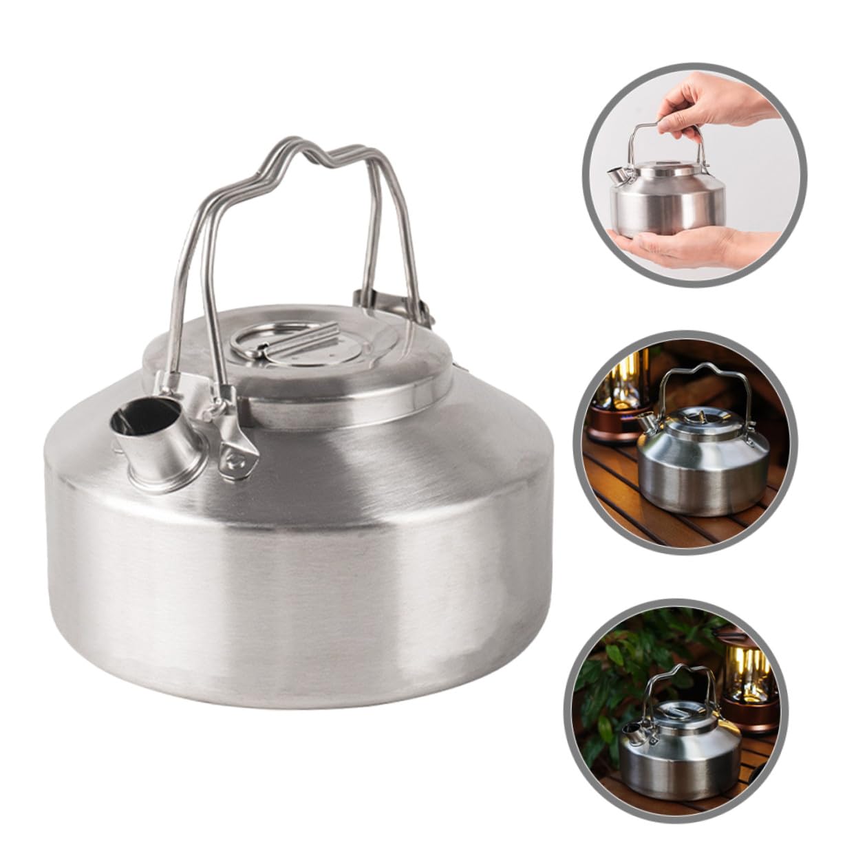 Camping Teekessel 1 L aus Edelstahl Silber, Tragbarer Kocherkessel | Herdplatte und Gas, Outdoor Format für Zuhause und Selbstfahren, Kompakt als Teekanne