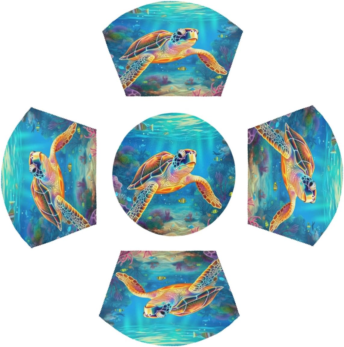 TropicalLife Round Table Placemats Ocean Turtle Wedge Placemat with Centerpiece Round Mat, Heat Resistant Table Mats, Set of 5 Placemats for Dining Table