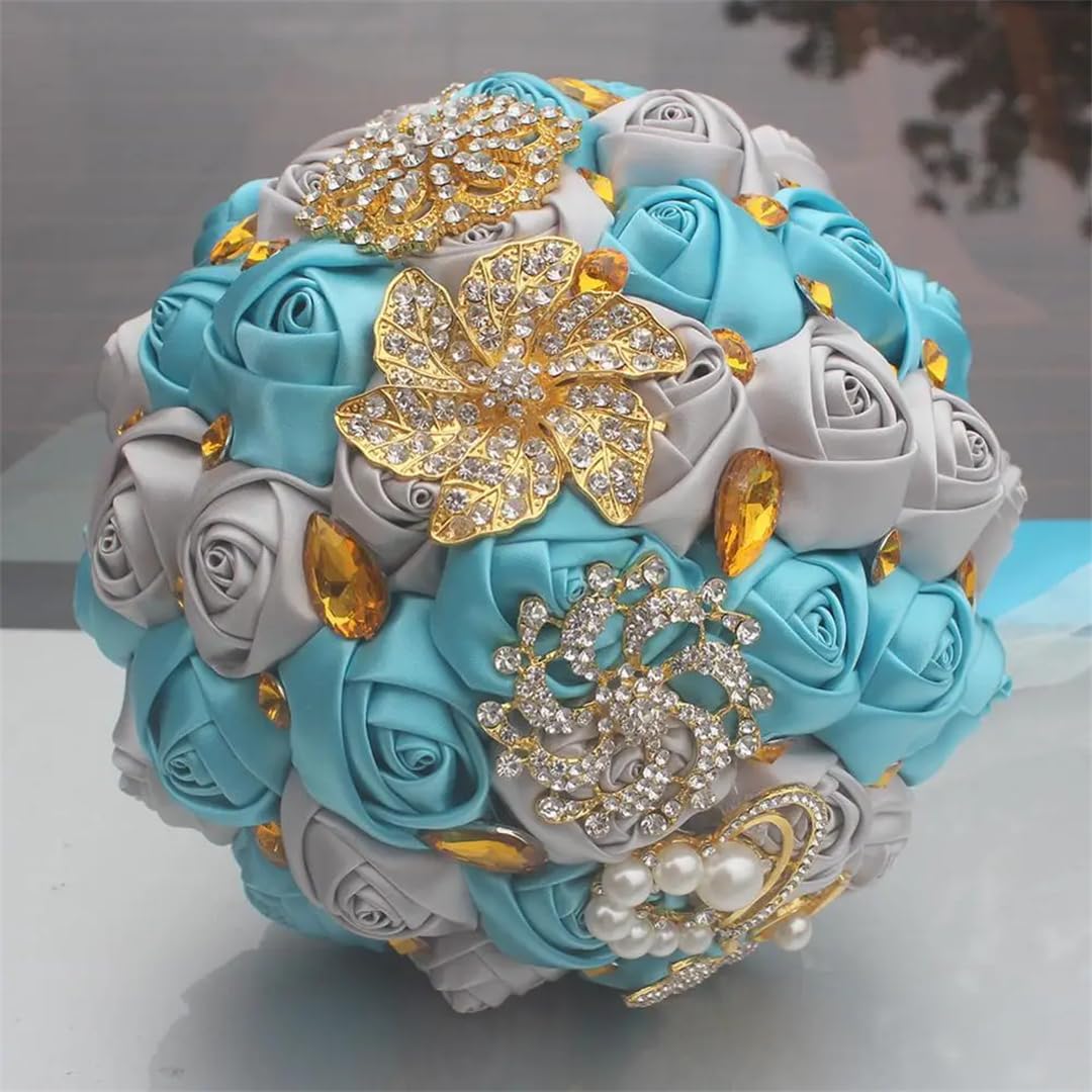 HJRegaFimu Gold Brooch Hand Holding Flower Bouquets Bridal Bridesmaid Crystal Silk Wedding Bouquet 18cm Light En8