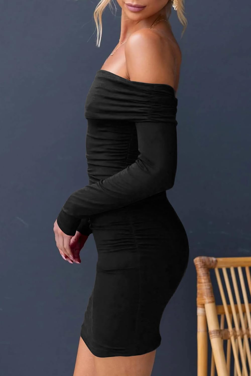 OWIN Women's Fall Off The Shoulder Ruched Bodycon Mini Dress Long Sleeve Ribbed Knit Fitted Club Party Dresses - Image 4