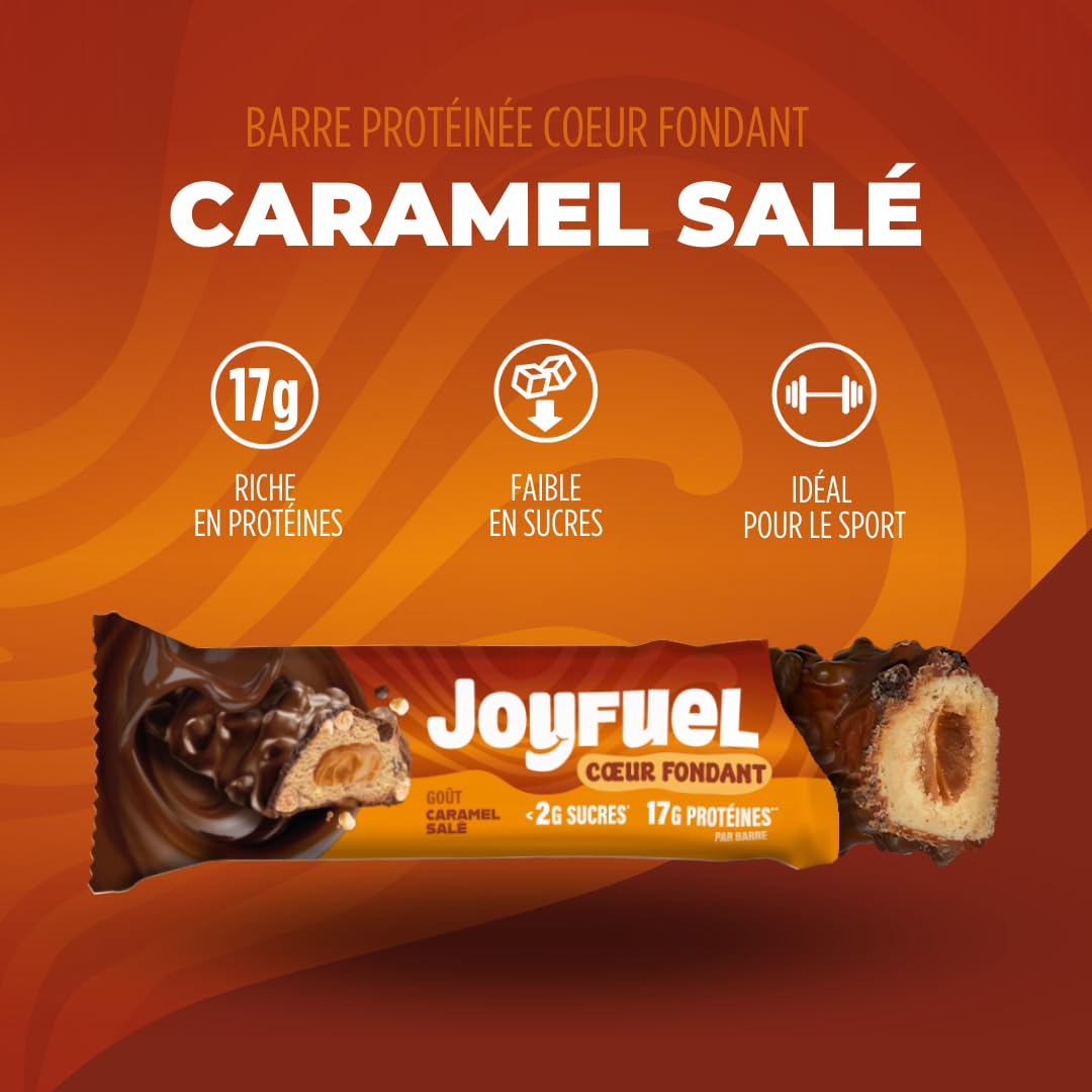 JOYFUEL - Barre Protéinée Cœur Fondant - Goûts Caramel Salé - <2g de sucre - 17g de protéines - 12 barres X 50g