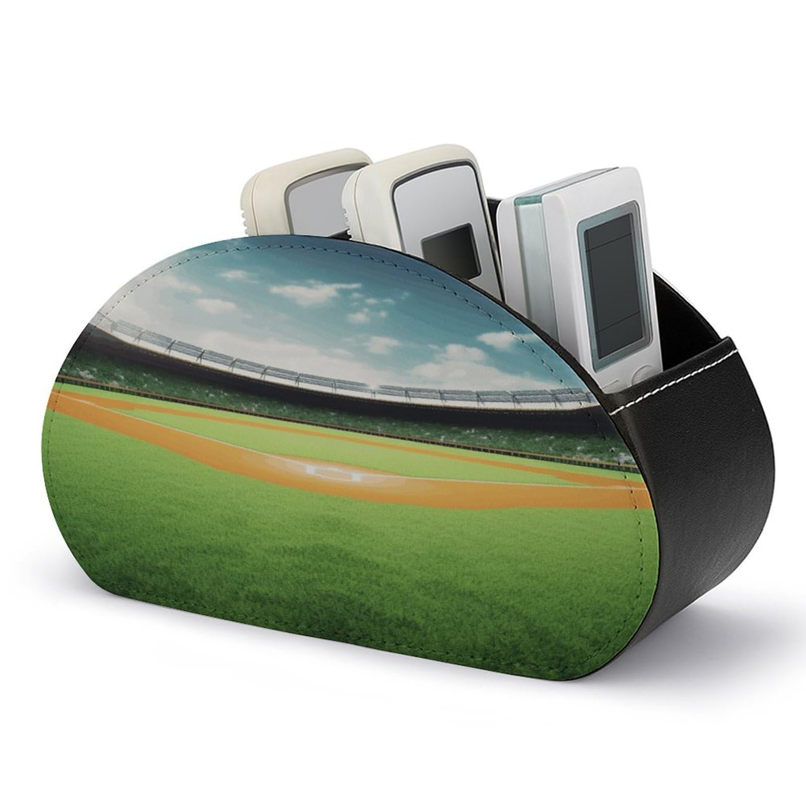 JTREHY Green Baseball Field Backdrop Remote Control Holder 5 Compartments Remote Caddy Tray PU Leather TV Remoter Storage Box Bedside Table Storage Organizer Office Desk Storage Case