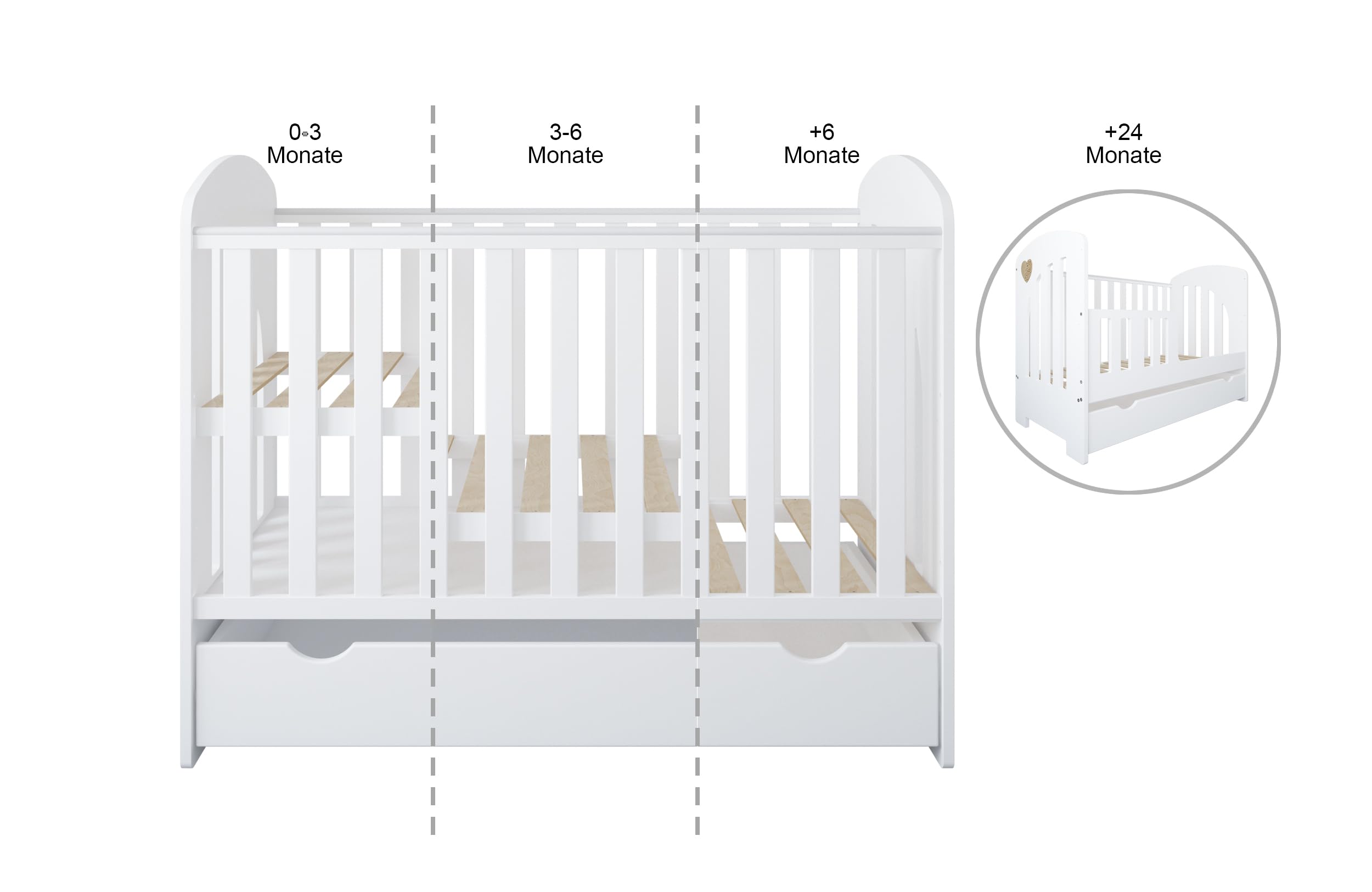 zee Heart Set Habitación Bebé Blanco 2 en 1, Cuna 120x60 cm con Cajón Convertible en Cama Infantil, Cómoda Cambiador con Cambiador, Diseño Escandinavo, Corazón Natural