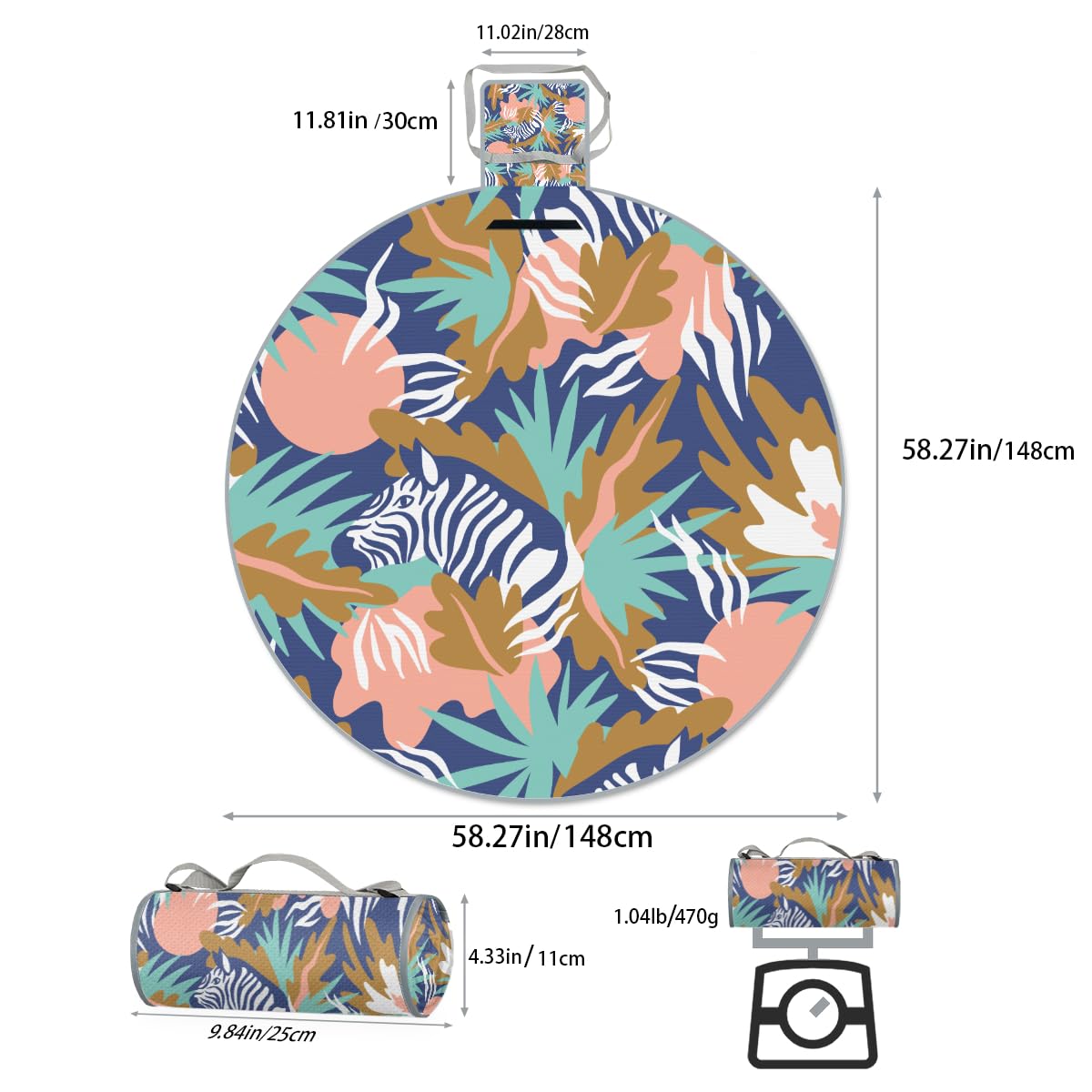 Shimoshe Zebra Leaf Picnic Outdoor Blanket Foldable Waterproof Sandproof Beach Blanket Portable Water-Resistant Round Picnic Mat for Travel Camping Park Lawn