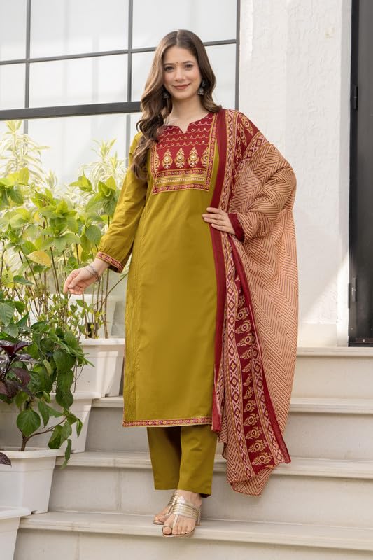 Image of Amayra Women's Cotton Straight Kurta Set with Palazzo Pants & Dupatta- Ethnic Wear