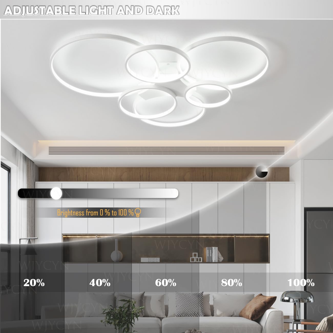 Kreatywny Ściemnialna 6-pierścieniowa lampa sufitowa do salonu 90W z pilotem 3000K-6500K Nowoczesne Plafon LED sypialni Energooszczędne Możliwość przyciemnienia do jadalni kuchni biur L100cm (Biały)