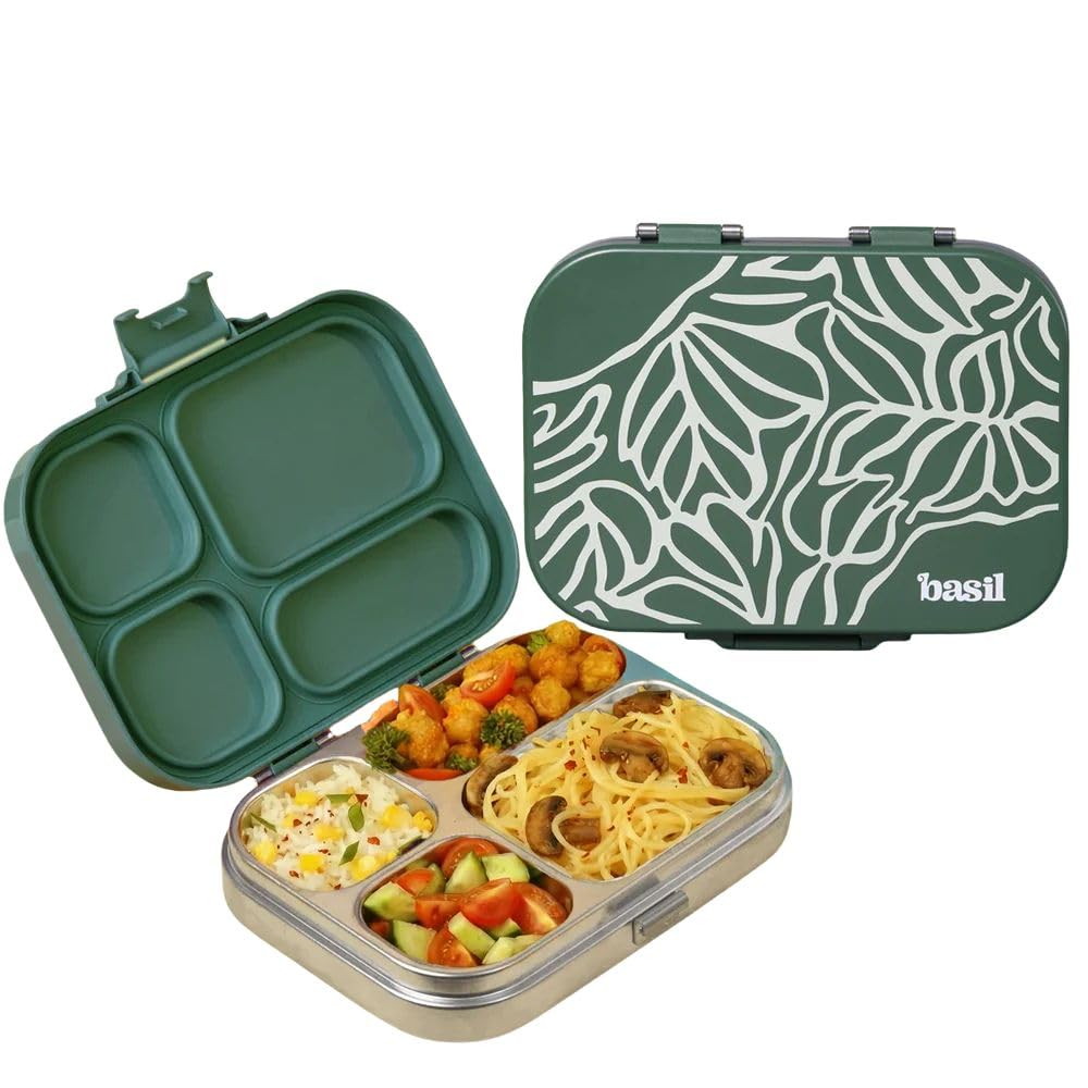 Basil Bento Box Quad - 4 Compartment Stainless Steel Lunch Box with BPA-Free Plastic Lid | 800 ml Leak-Proof Tiffin Box for Kids & Adults | Premium School, Office, and Picnic Lunch Box - Emerald Moss