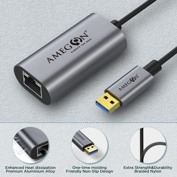 Image of Amua05A USB A-LAN Port USB 3.0, Speed: 10M /100M /1000Mbps, for Projector, Monitor, Tv< Laptop, and More., Black