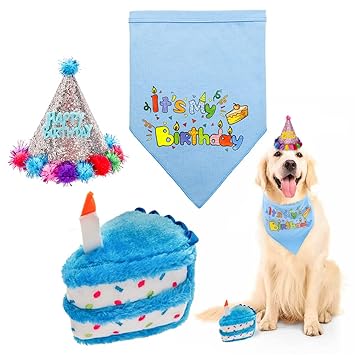HOMIMP Dog Birthday Bandana Set with Hat & Squeaky Cake Toy - Dog Birthday Party Supplies Outfit and Gift, Great for Small Medium Large Dogs