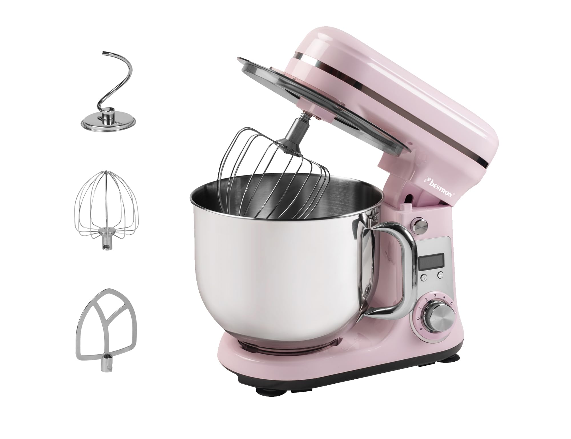 Bestron Robot da cucina Super Silent (65db) 4-1 robot da cucina con motore DC, ciotola da 6 litri, con gancio per impastare, frusta e mazza per impasto, 6 livelli di velocità + funzione impulsi,