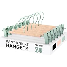 Wooden Pants Hangers with Clips 24 Pack, Heavy Duty Adjustable Clip Non Slip Skirt Hanger for Jeans, Trousers, Short, Clothes, Space Saving Closet Organizer Green, 24 Pack