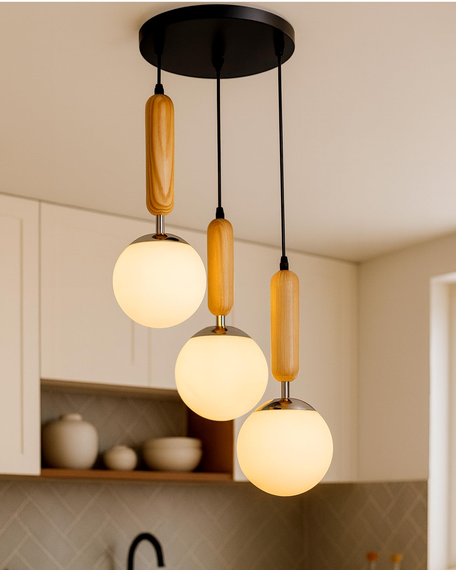 Homesake® Wooden Chandelier Round Plate Hanging Light with Chrome Finish, Frosted Glass Globes-image-43