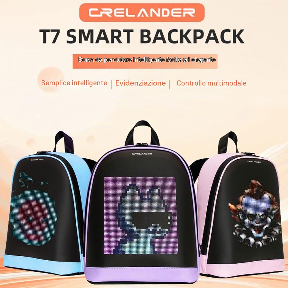 Crelander Zaino a LED, piccolo zaino per computer portatile con schermo programmabile, piccola borsa a tracolla intelligente dinamica moda per ciclismo viaggi Daypack App Control, 12 pollici