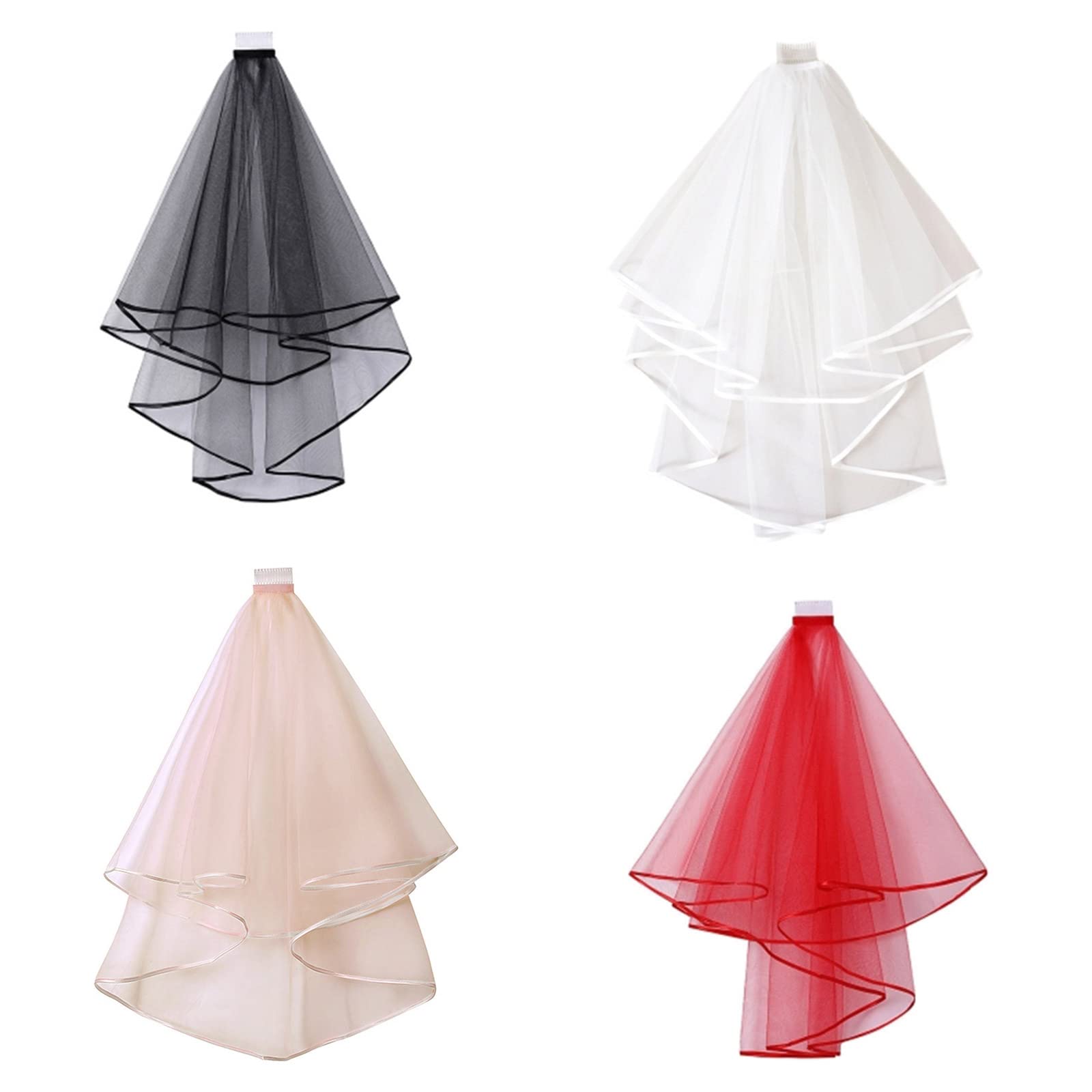 Velo Da Sposa Corto 2 Strati In Tulle Con Bordo In Nastro, Pettine Incluso, Nero, 60x80 Cm, Copricapo Per Matrimonio E Cerimonie