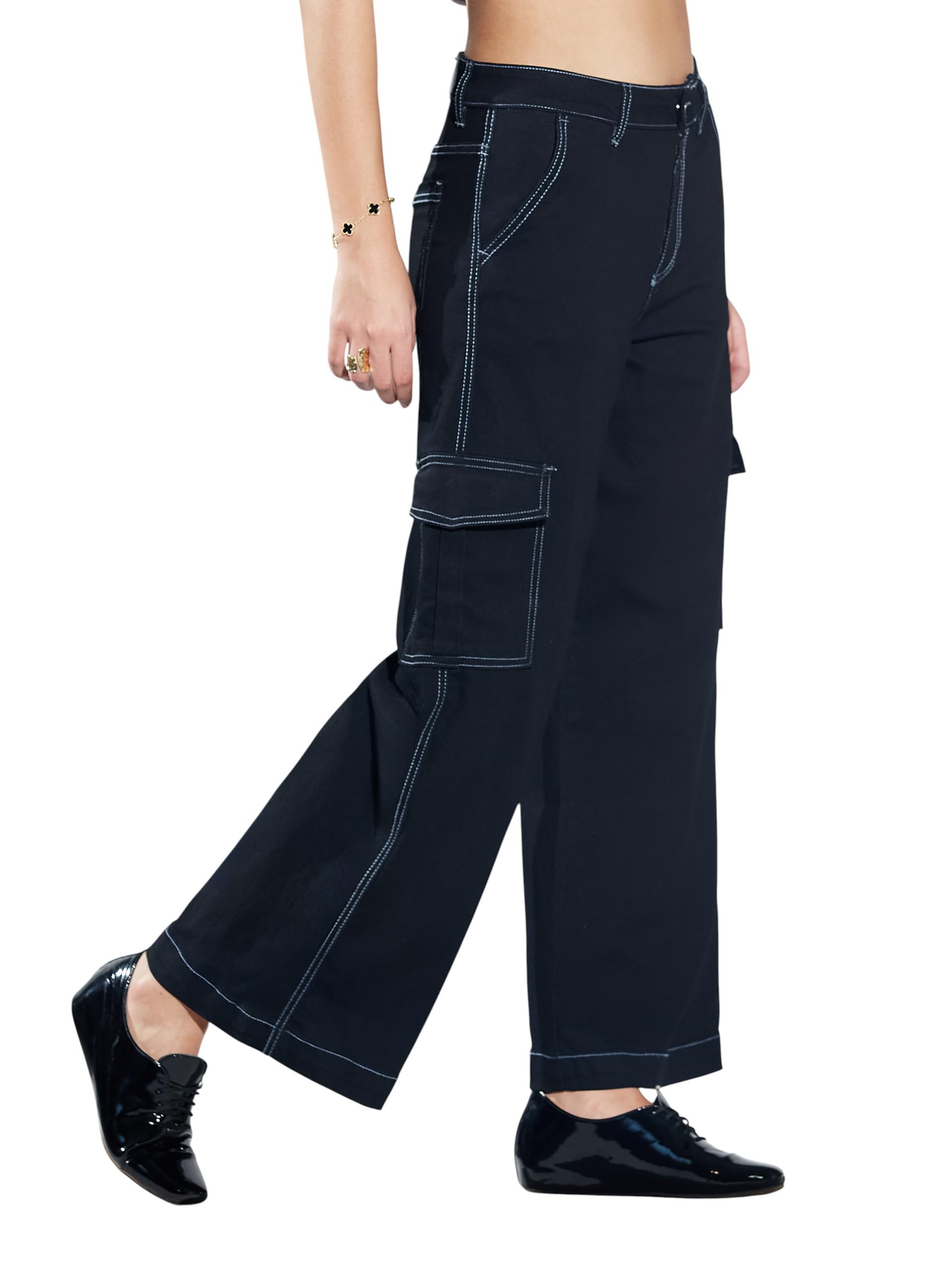 miss chase Women's Acid Wash High-Rise Wide-Leg Cargo Denim Jeans with Tagging & 6 Pockets-picture-11