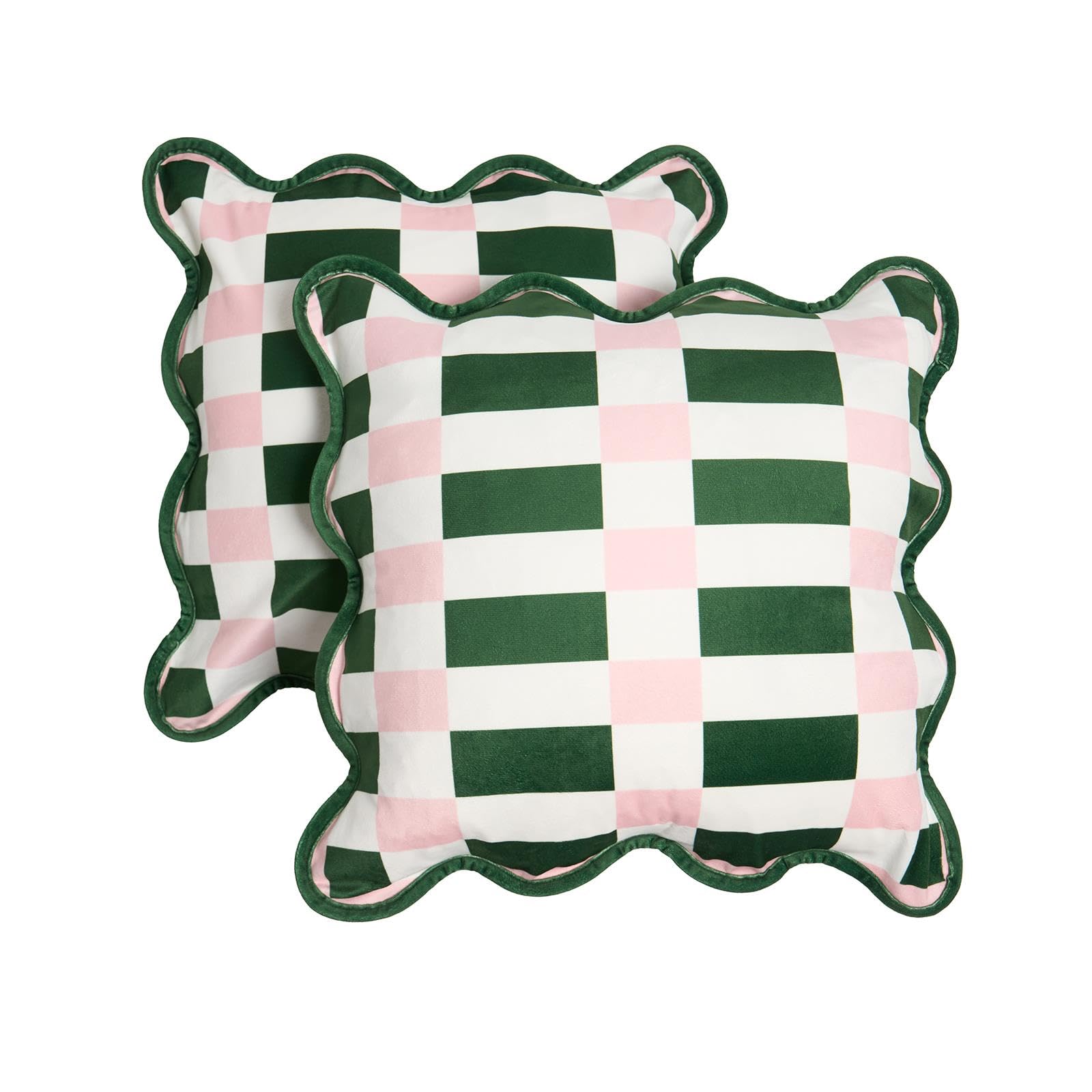 Ohs Women's Green/Pink Geometric Cushion Covers 45 X 45 Set Of 2 Scallop Edge, Gifts For Super Soft Decorative Matte Velvet Cushion Covers With Invisible Zipper Throw Pillow For Sofa Bed,