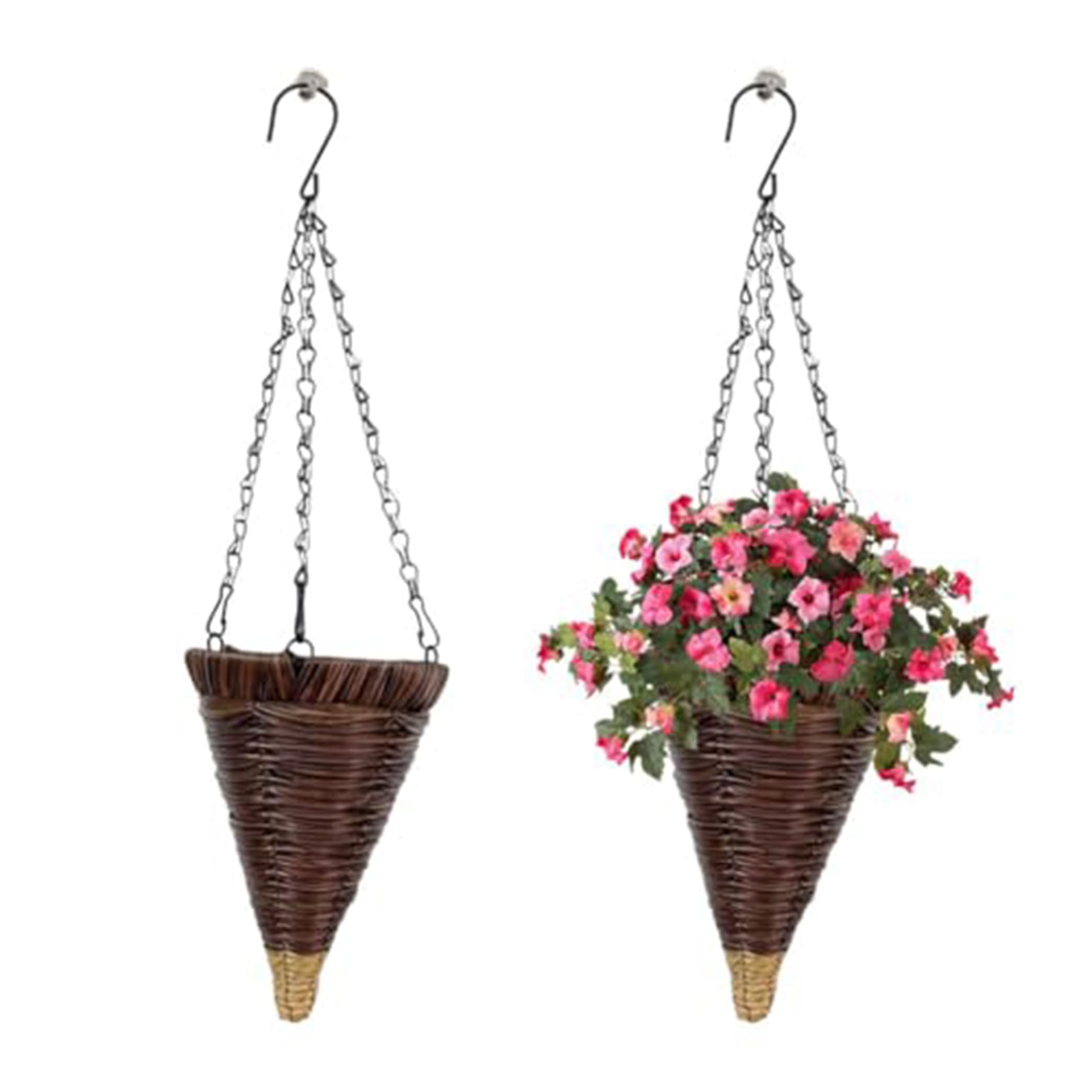 Sjfbebsy Cone Shaped Hanging Baskets, 2Pcs Hanging Baskets for Plants Outdoor Wicker Planter with Metal Chains for Front Door, Garden, Wall, Balcony - Wicker for Plants