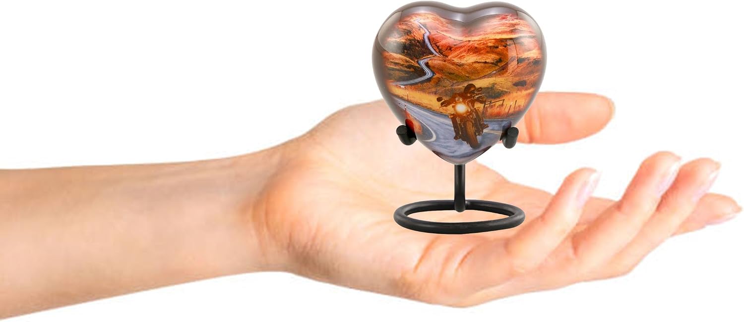Immortal-Memories Motorcycle Heart Keepsake Urn - Blue Alloy Heart Keepsake Urn for Ashes - 3" Holds 3 Cubic Inches - Handcrafted Motorcycle Lovers Sharing Heart Urn with Stand, Velvet Case & Bag