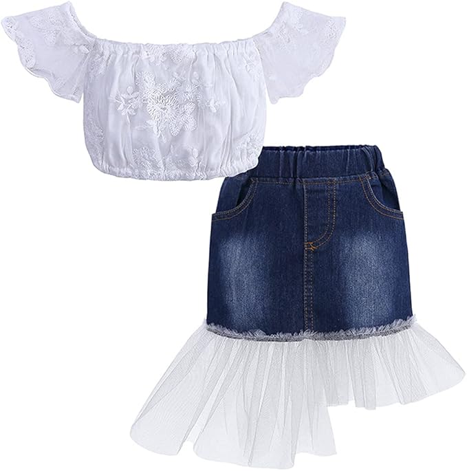 Toddler Baby Girls Jean Skirt Set Off Shoulder Lace Shirt Crop Tops
