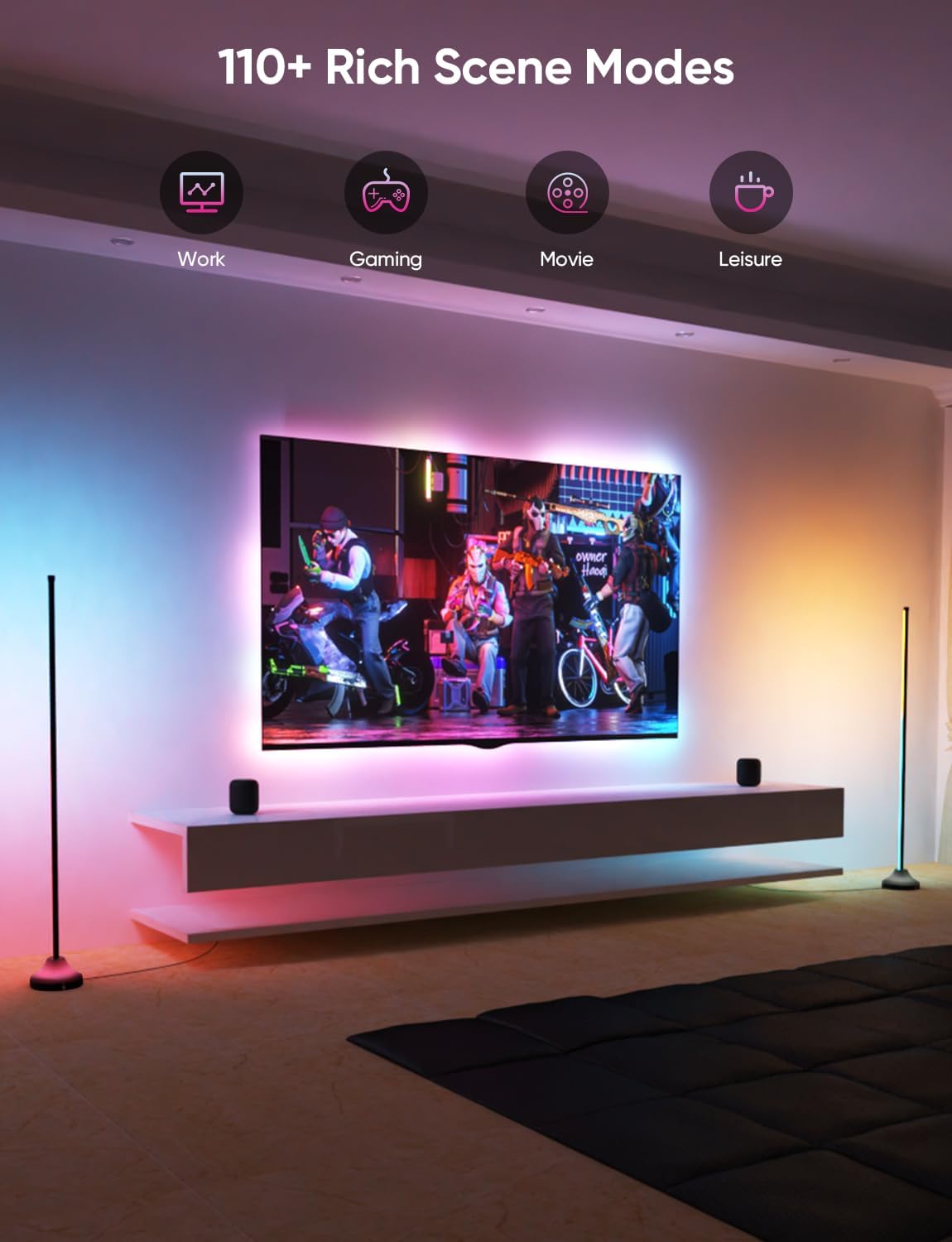 Living room scene with two APPECK floor lamps displaying different colors, highlighting 110+ rich scene modes