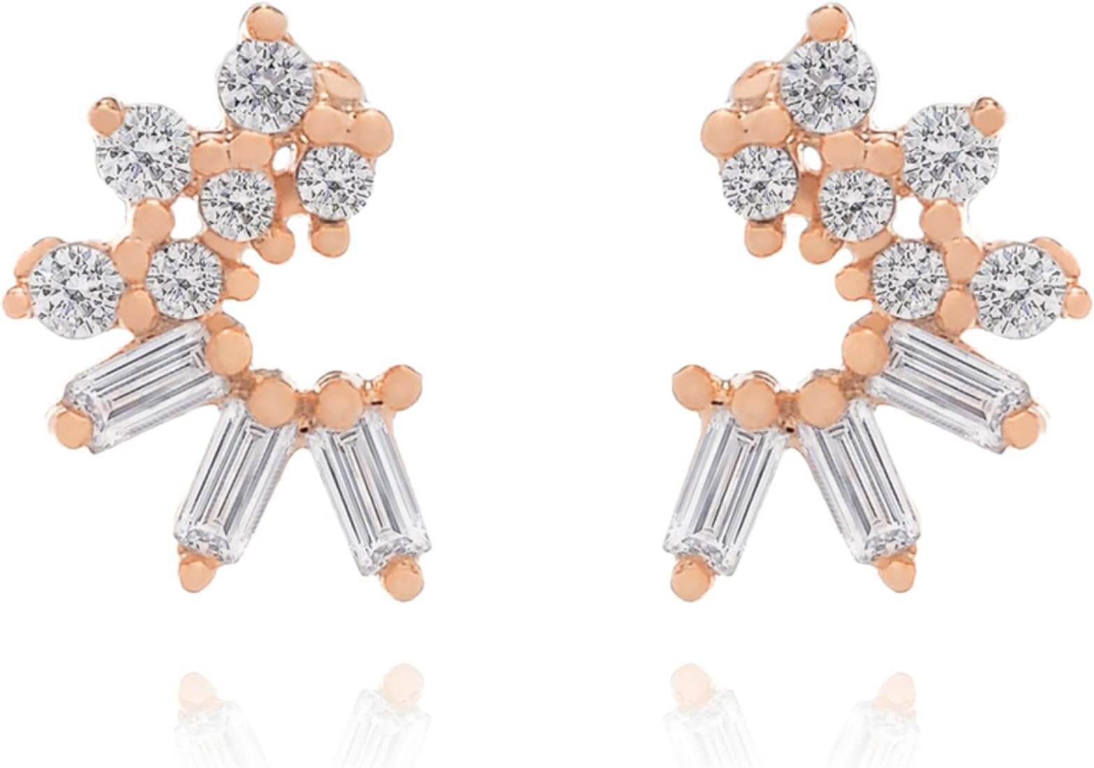 14K Gold Half Snowflake Stud Earring, Snowflake Baguette Round Diamond (0.42ct) Piercing, Cartilage Earring, Minimalist Icarus Stud, Gift For Her.
