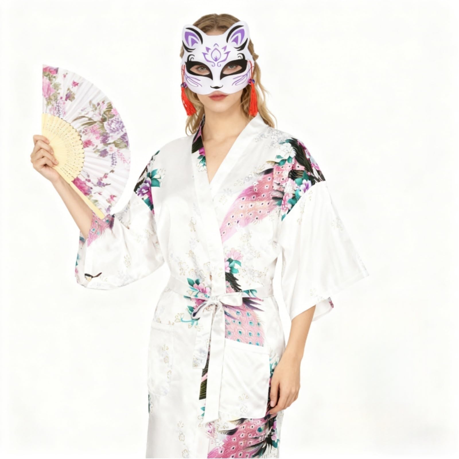 Robe Kimono Japonaise pour Femmes, Japonais Traditionnel Yukata Femme, Paon Peignoir, Masque Kimono Eventail à Main Ensemble de Chaussettes