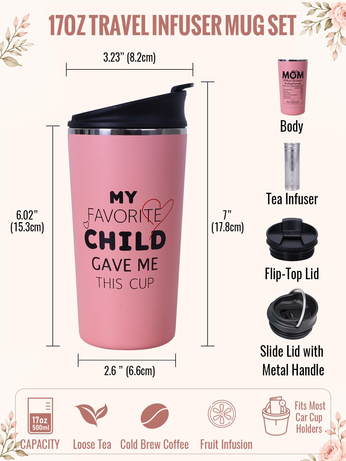 GiNT Taza de té de viaje de 17 onzas con infusor y dos tapas, regalo del día de la madre para mamá