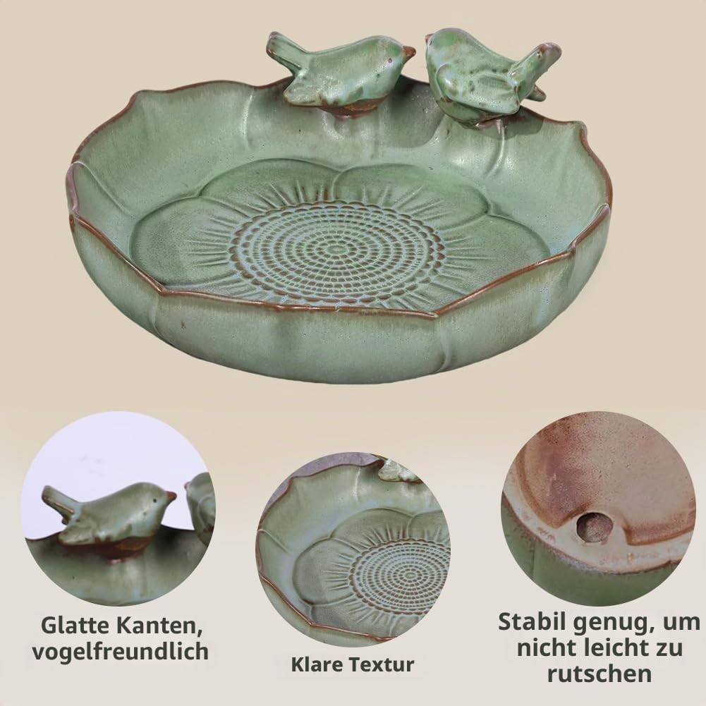 Grüne Keramik-Vogeltränke 24,9 cm, robuste Wasserschale für Vögel, Dekoration für Garten, Terrasse und Balkon