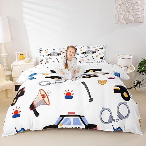 Miniatura 4 de Feelyou Funda de edredón de coche de policía, tamaño individual, funda de edredón de vehículo de policía, juego de ropa de cama blanca con patrón de